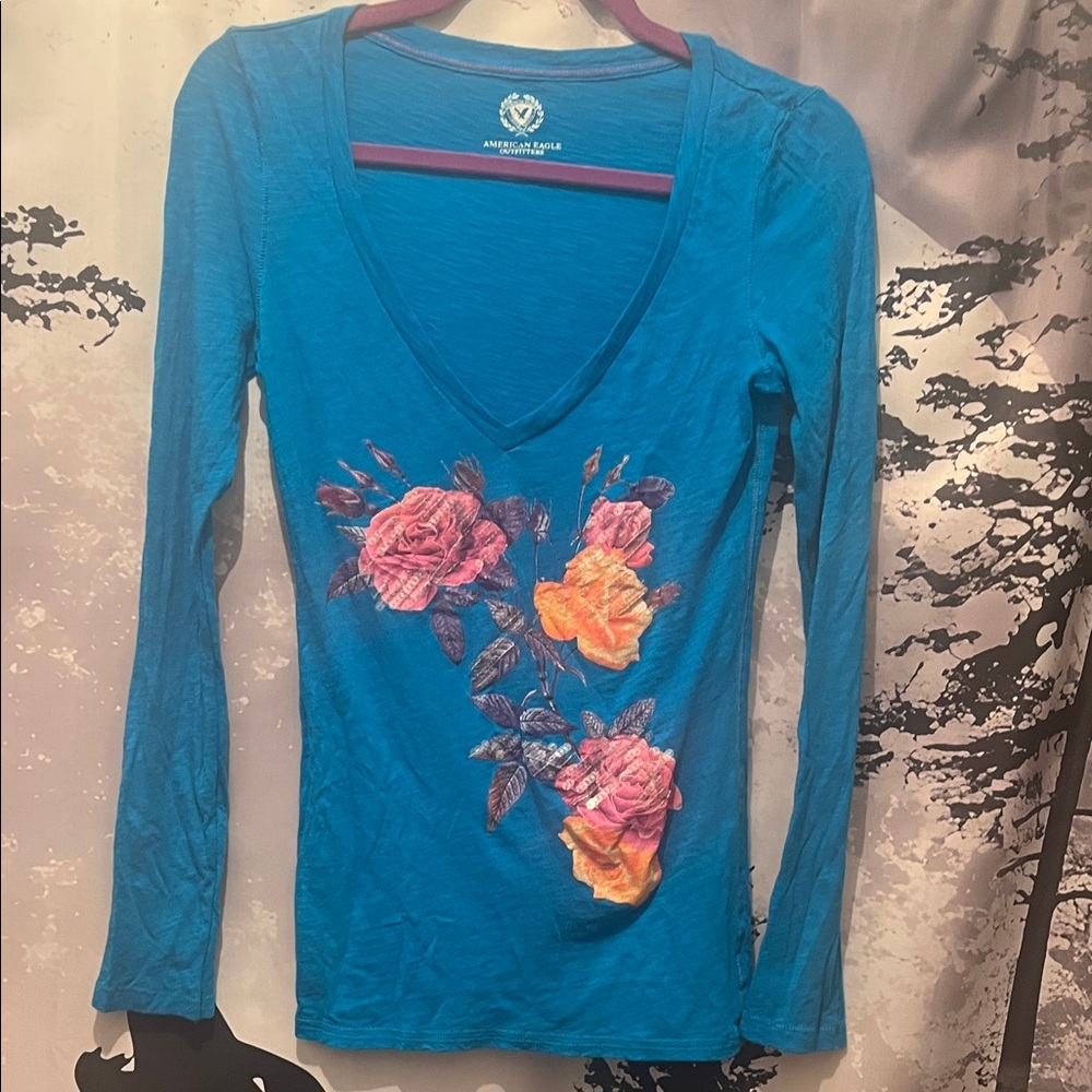 American Eagle Outfitters Deep V Neck Teal Long Sleeve with Floral Design